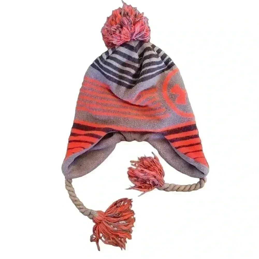 Under Armour Boy's Black/Gray/Red Acrylic Beanie w Ear Flaps, Tassles & Pom-Pom